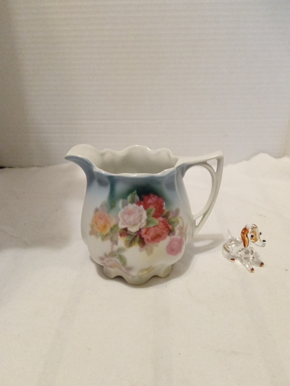 Antique German Floral Porcelain Creamer Pitcher in Pastel Blue and Pink